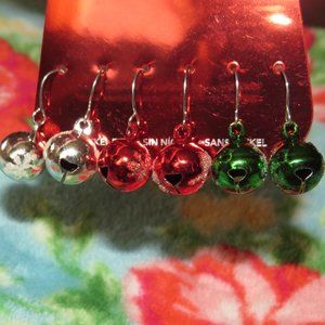 Christmas Jingle Bell Dangle Earrings 3 Pair Red Green Silver